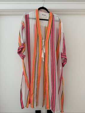 Women’s Striped Sheer Swim Coverup - Neon Pink & Yellow